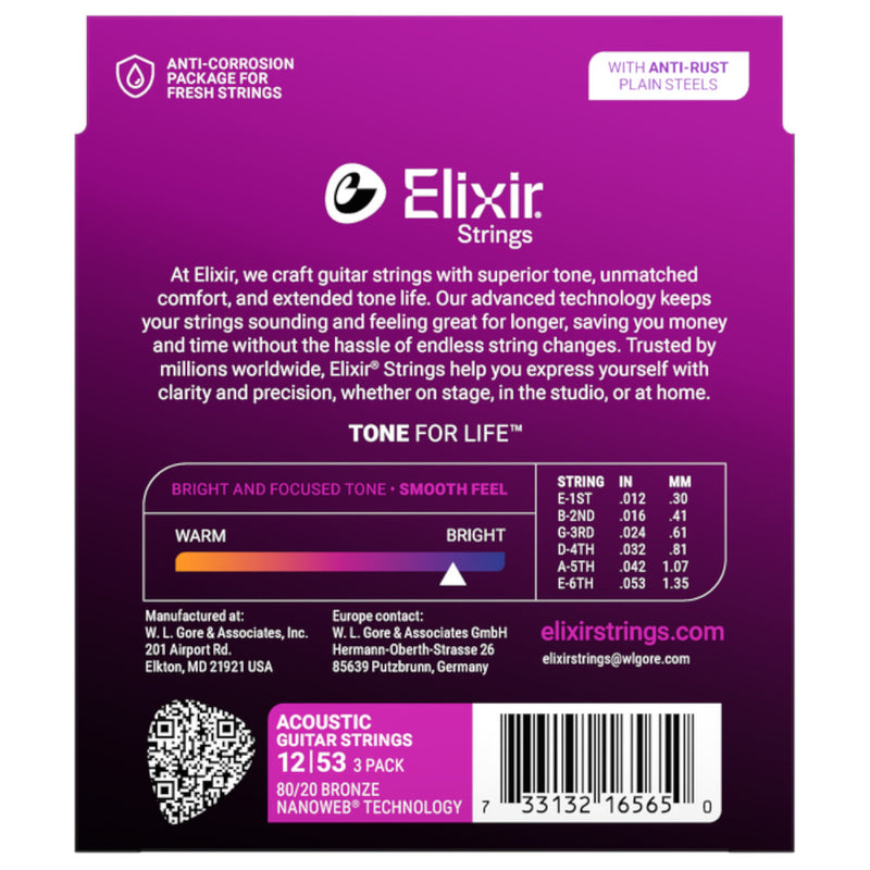 Encordado Elixir Guitarra Acustica 16565 12-53  X3