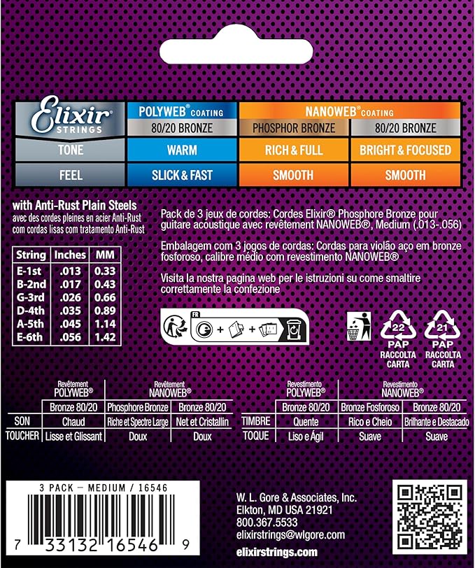 Encordado Elixir Guitarra Acustica 16546 13 56 Bron X 3