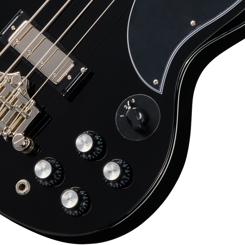 Bajo eléctrico Epiphone SG Bass, Ebony — detalle de los controles