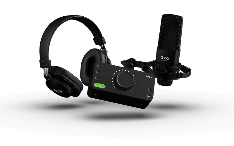 Audient EVO Start Recording Bundle: interfaz EVO 4, micrófono SR1 con suspensión y audífonos SR2000. El cable XLR también forma parte del paquete.