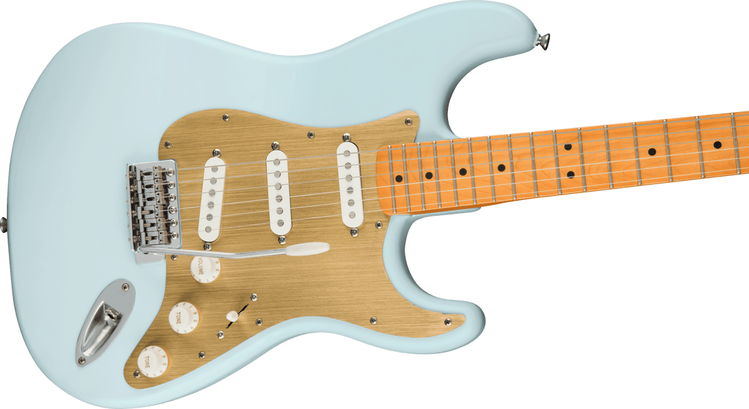 Guitarra Electrica Fender Squier 40th Anniversary Stratocaster®, Vintage Edition, diapasón de arce, golpeador anodizado dorado, azul sónico satinado0379510572 - The Music Site
