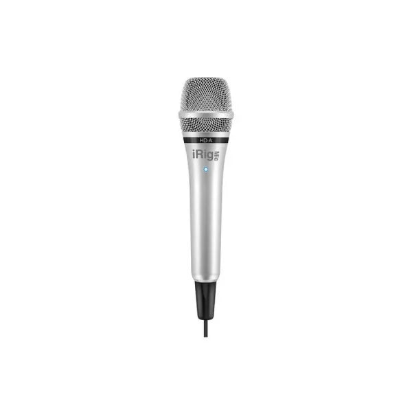 IK Multimedia iRig Mic HD-A plateado, vista frontal del micrófono digital y cable USB.