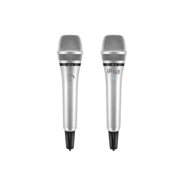 Vistas frontal y posterior de un iRig Mic HD-A plateado. La composición muestra una sola referencia; no es un paquete de dos micrófonos.