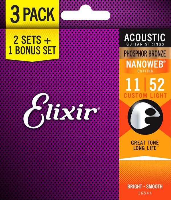 Encordado Elixir Nanoweb Guitarra Acustica Pack 3 16544 11 52 - The Music Site