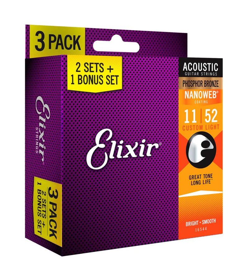 Encordado Elixir Nanoweb Guitarra Acustica Pack 3 16544 11 52 - The Music Site