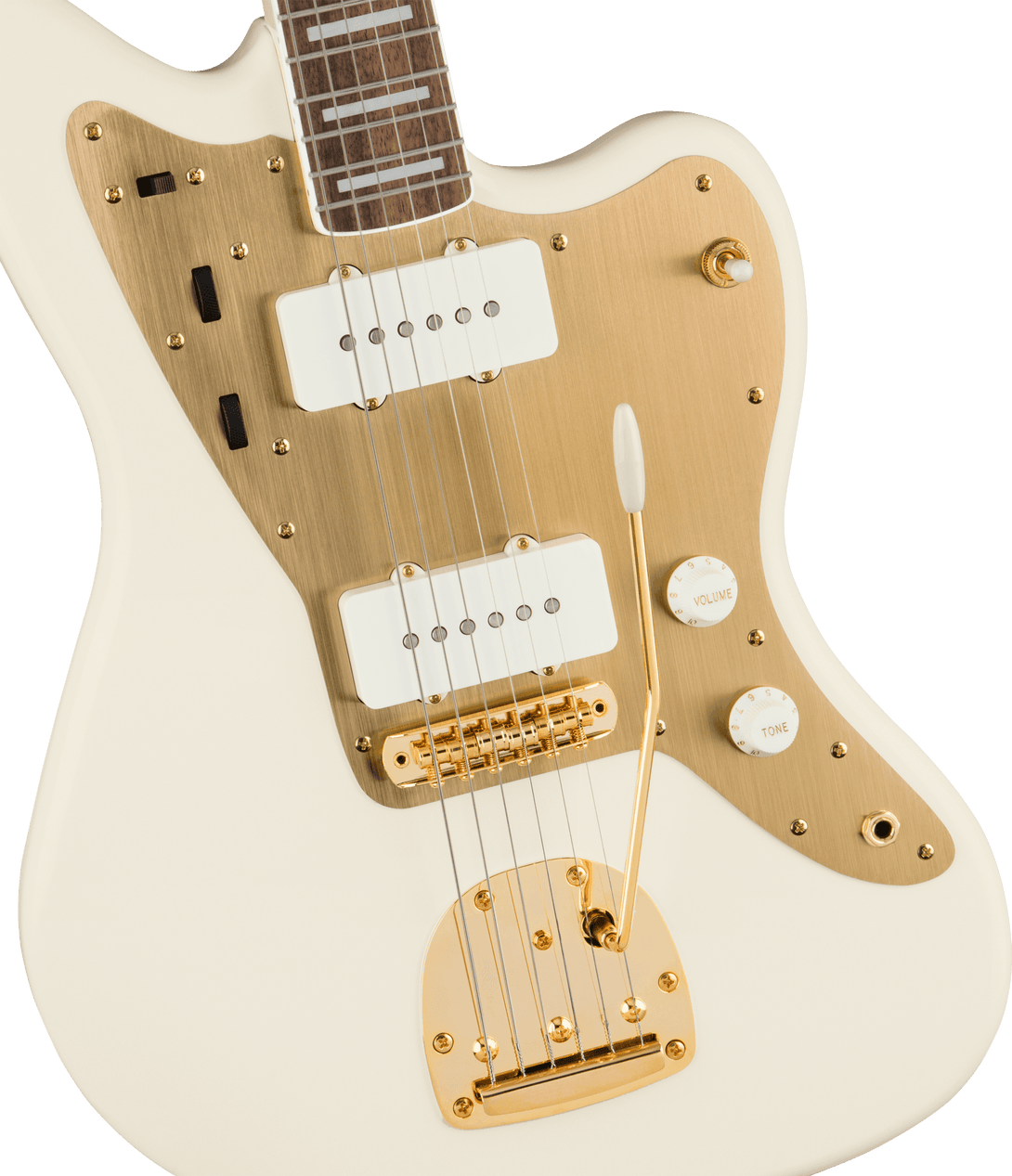 Guitarra Electrica Fender Squier 40th Anniversary Jazzmaster®, Gold Edition, diapasón de laurel, golpeador anodizado dorado, blanco olímpico 0379420505 - The Music Site