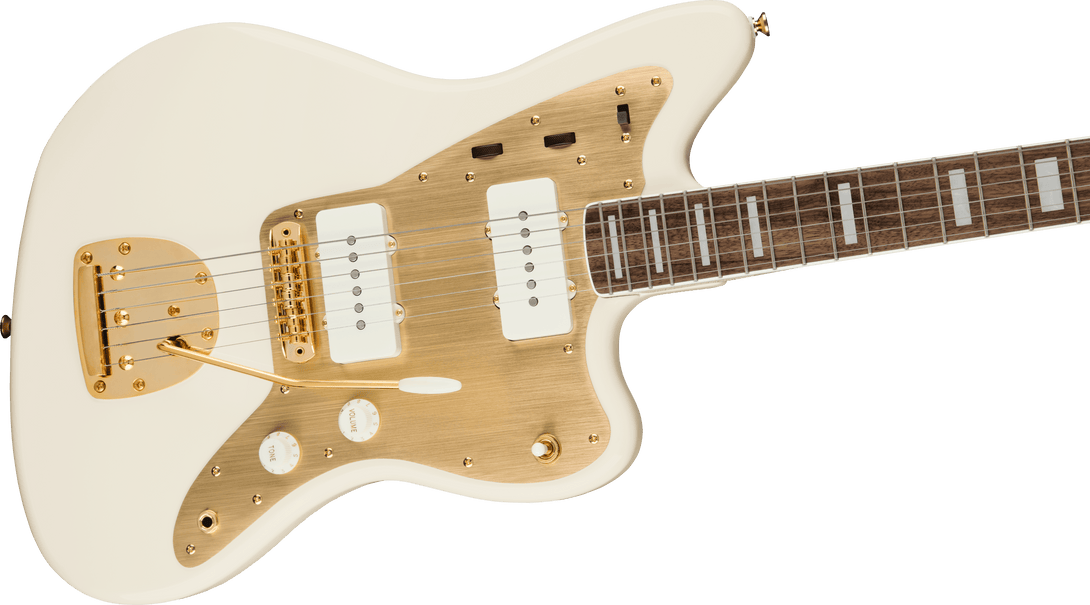 Guitarra Electrica Fender Squier 40th Anniversary Jazzmaster®, Gold Edition, diapasón de laurel, golpeador anodizado dorado, blanco olímpico 0379420505 - The Music Site