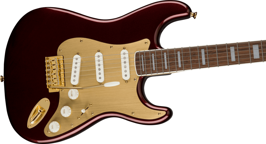 Guitarra Electrica Fender Squier Stratocaster® del 40 aniversario, edición dorada, diapasón de laurel, golpeador anodizado dorado, rojo rubí metalizado 0379410515 - The Music Site